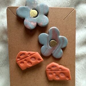 Floral and Cheese Handmade Polymer Clay Earrings